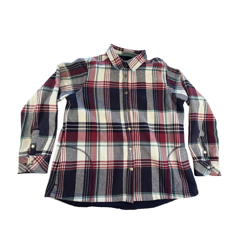 Orvis Jacket Mens Large Red Navy Plaid Flannel Fleece Lined Snap Front Outdoor